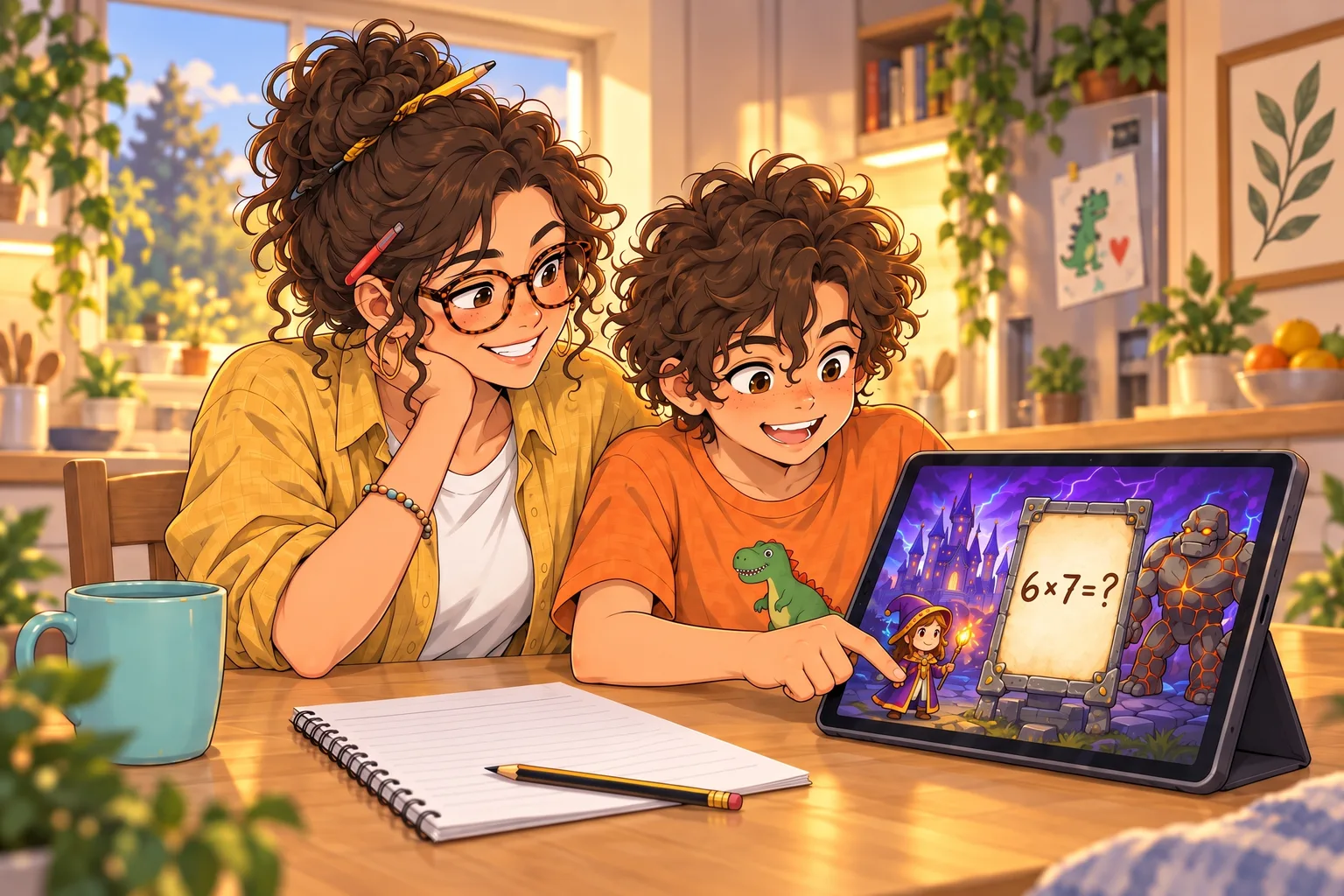 איור של מיכל ויואב נהנים יחד ממשחק הרפתקאות בטאבלט ליד מחברת המתמטיקה