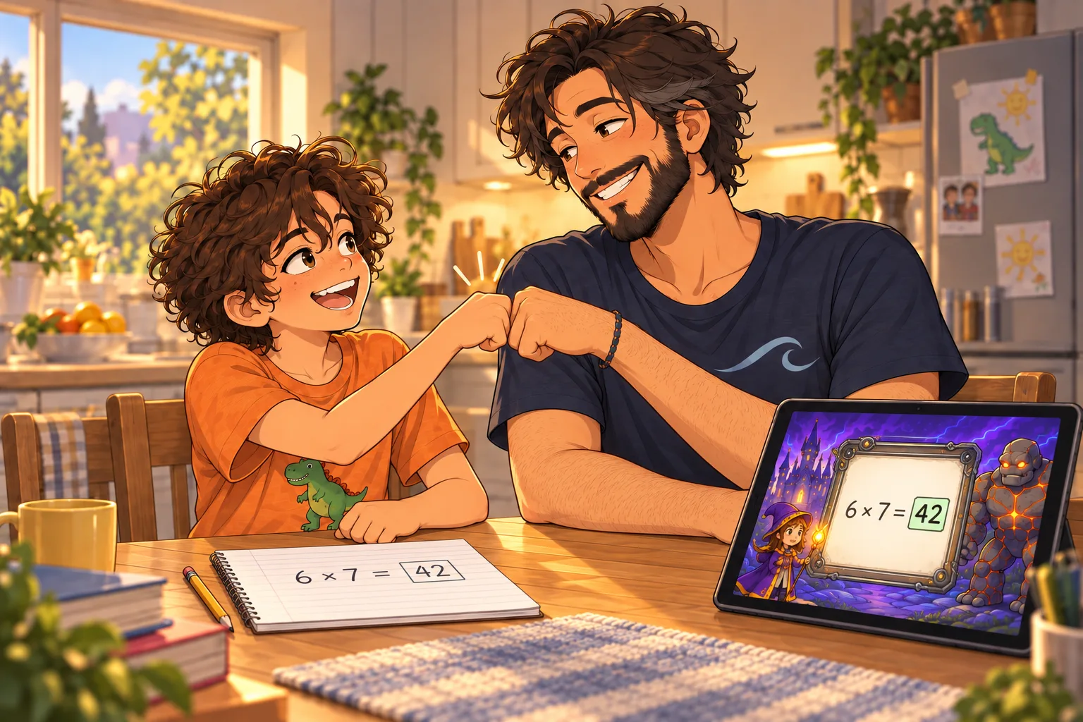 איור של יואב וגיא מחליפים כיף ליד מחברת וטאבלט שעליהם התרגיל 6 כפול 7 שווה 42