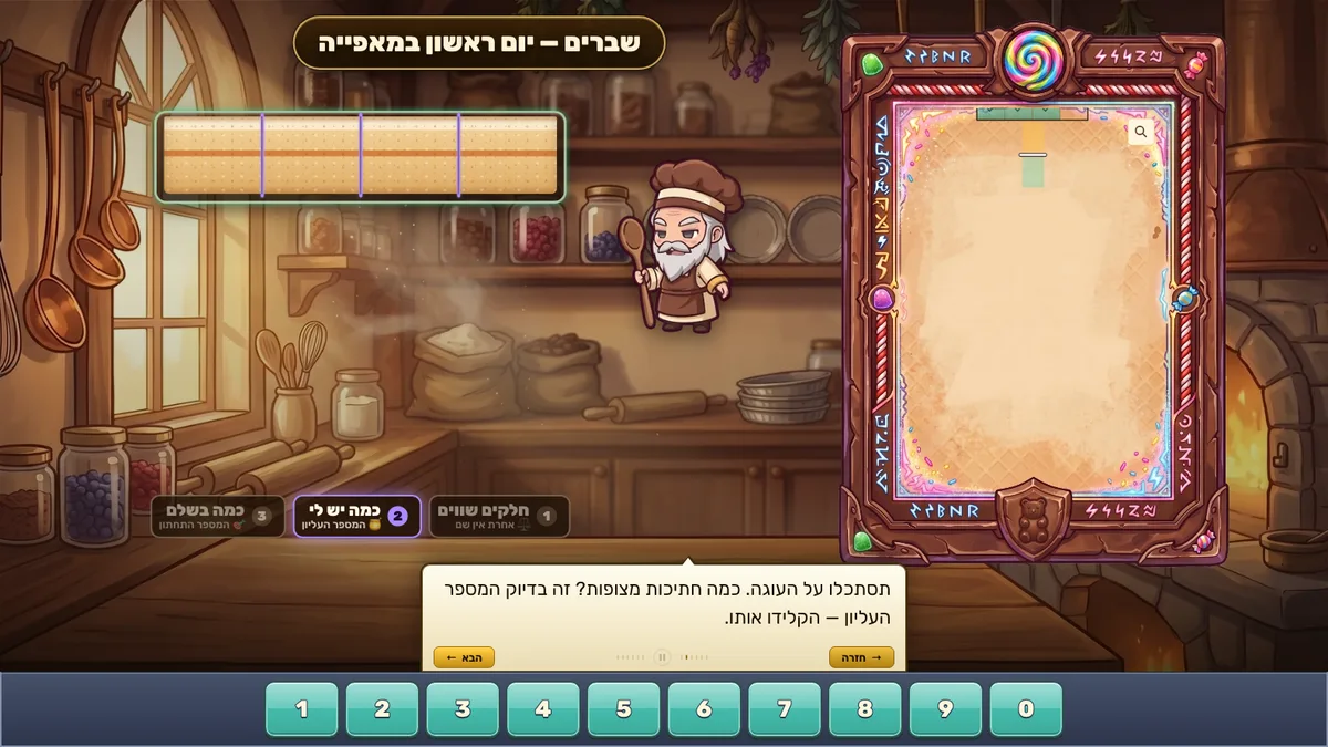 עצירה בשיעור מה זה שבר: הכתובית שואלת כמה חתיכות מצופות ומבקשת להקליד את המספר העליון, הלוח מחכה לתשובה ומתחתיו מקלדת מספרים